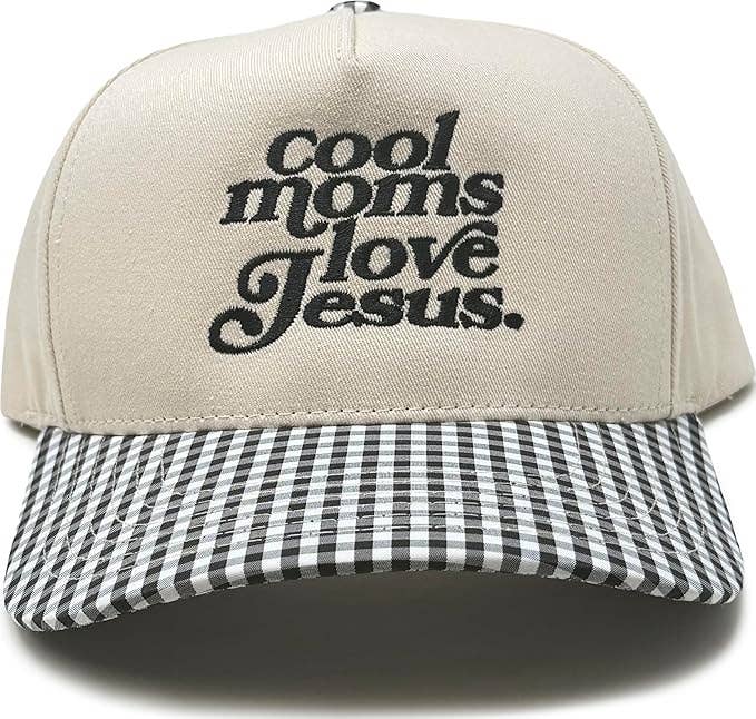 Two Tone Cap: Cool Moms Love Jesus - Gingham Beige/Black